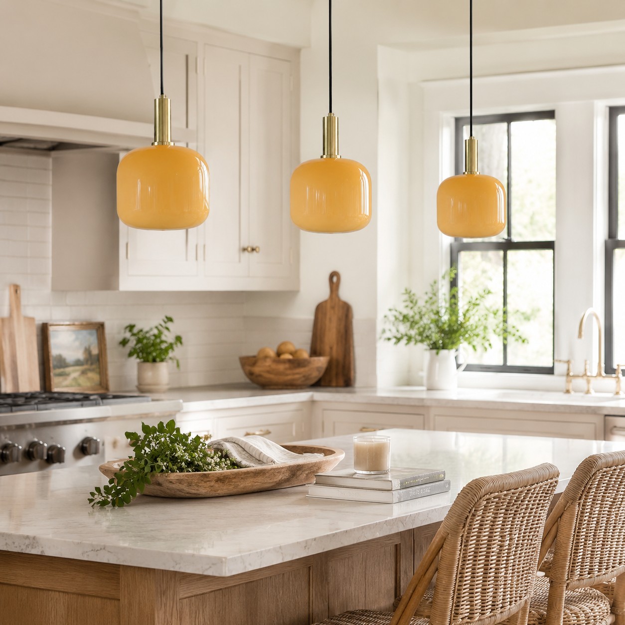Luminárias pendentes de vidro amarelo sobre uma bancada de cozinha iluminada.