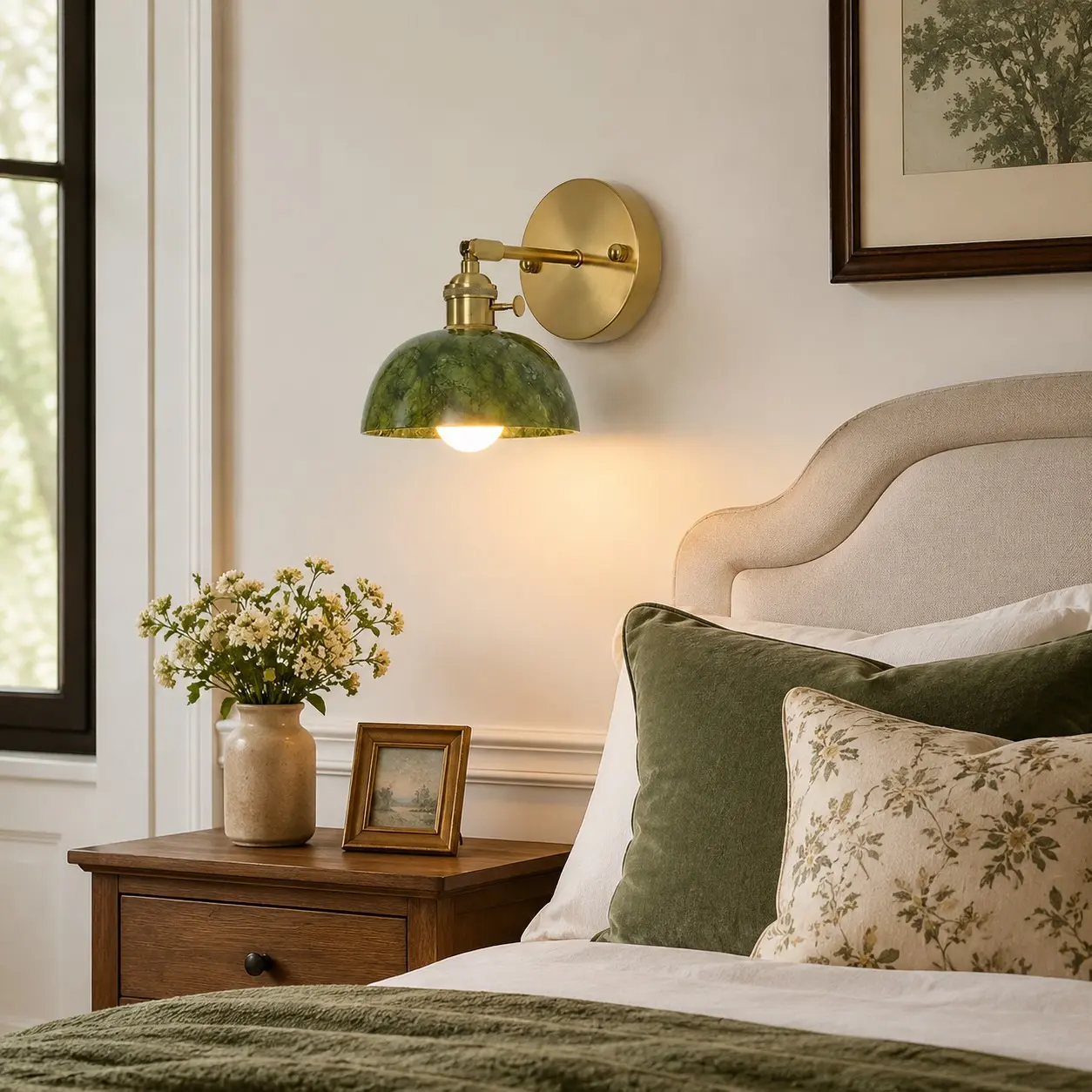 Groene stenen wandlamp in een slaapkamer