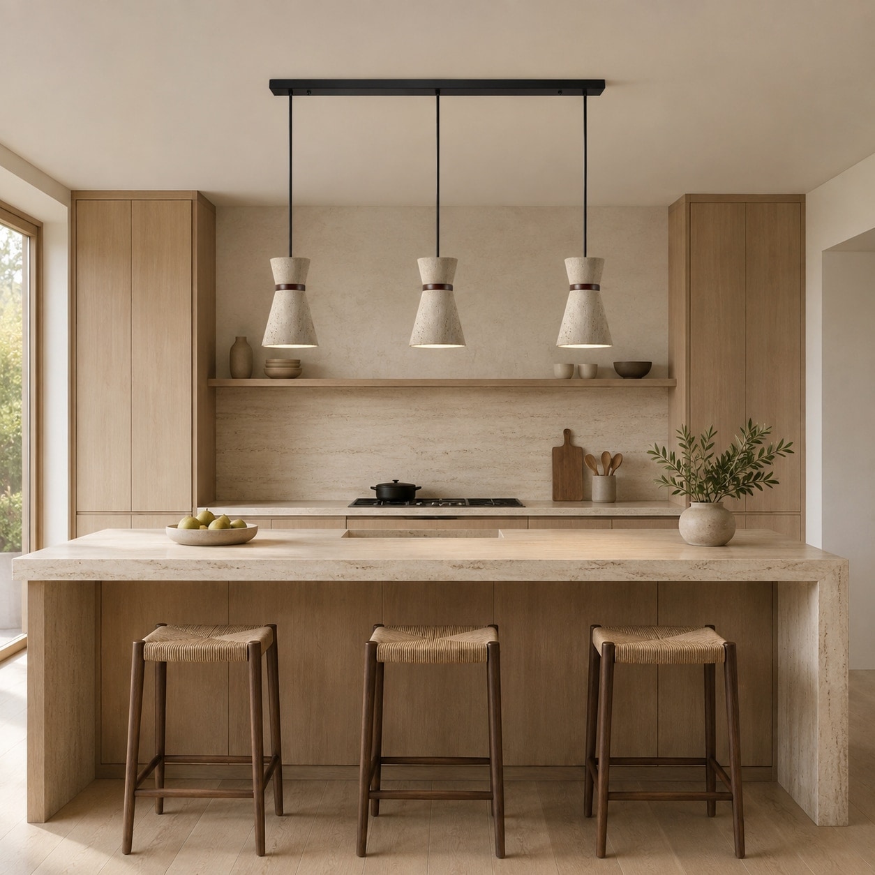 Luminária pendente de travertino com três braços sobre uma ilha de cozinha