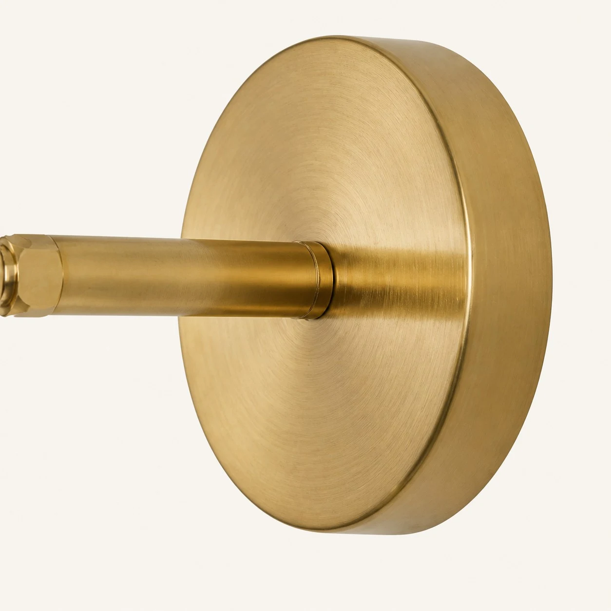 Detailweergave van de ronde wandplaat in geborsteld messingkleur.