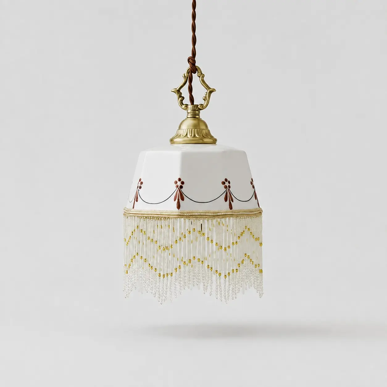 Luminária pendente vintage de cerâmica pintada à mão com borla