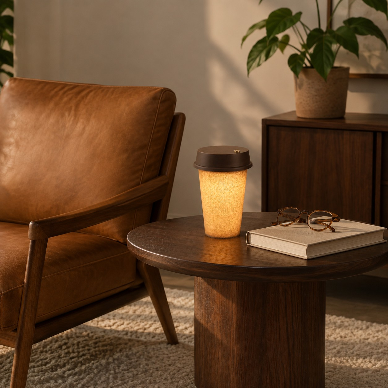 Lampe de table rechargeable en forme de tasse à café, éclairée sur une table d'appoint en cuir