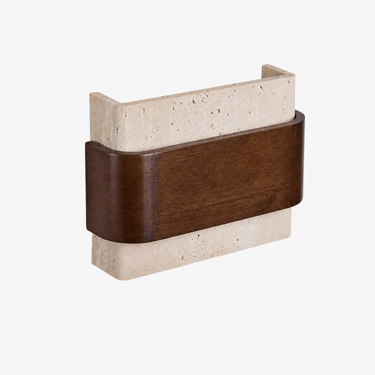 Productoverzicht van de wandlamp van travertin en hout