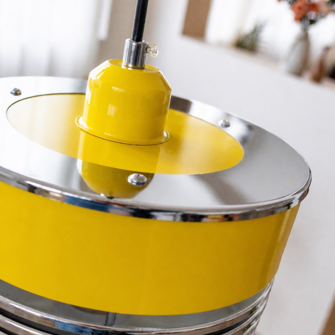 Vista aproximada da cúpula superior laqueada em amarelo e da borda de metal polido.