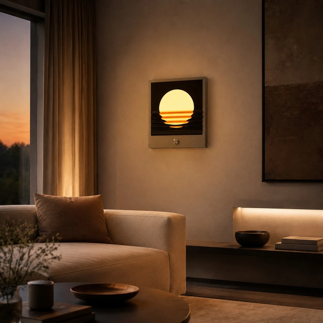 Aplique de pared Sunset Ripple instalado en una sala de estar.