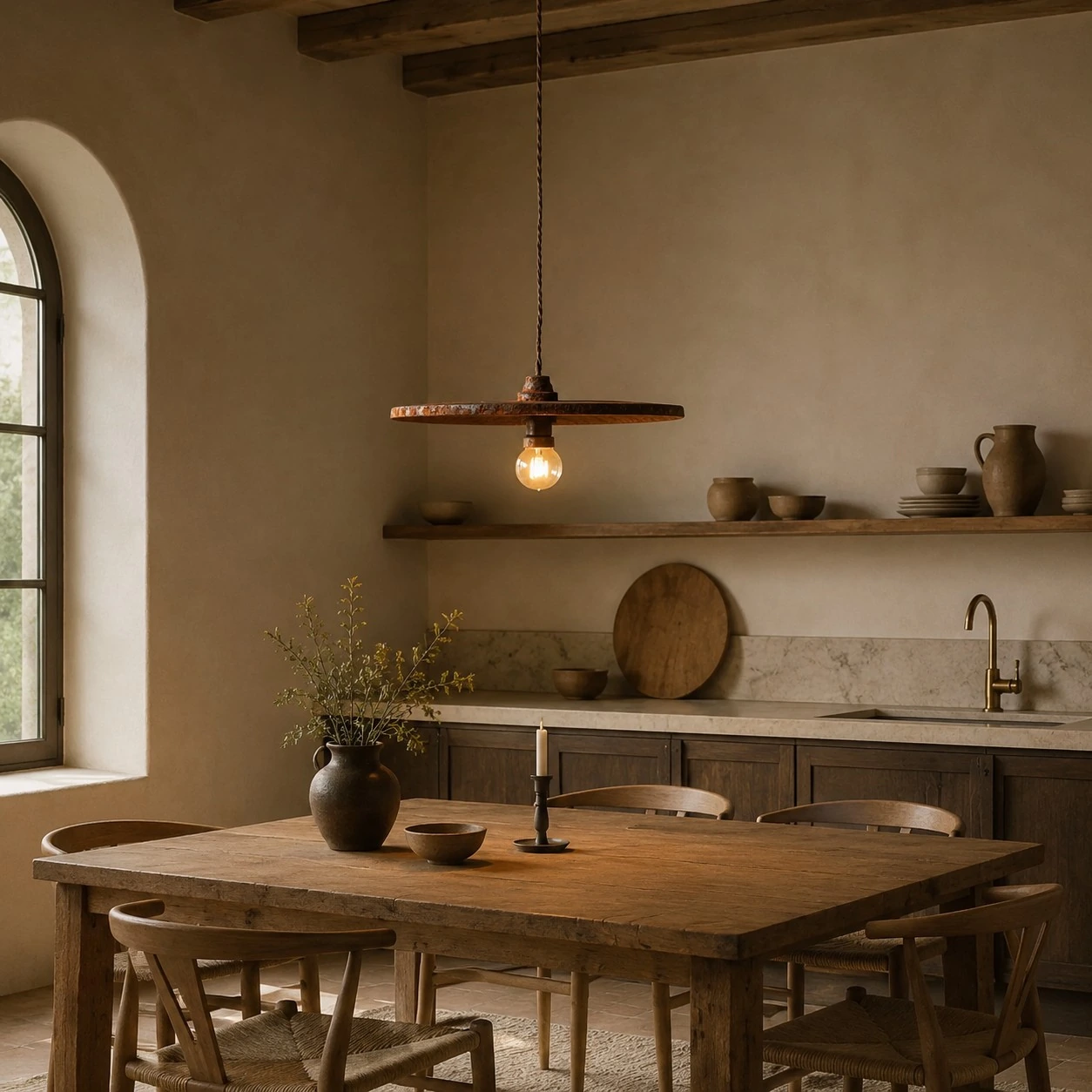 Lampada a sospensione color ruggine in una cucina rustica