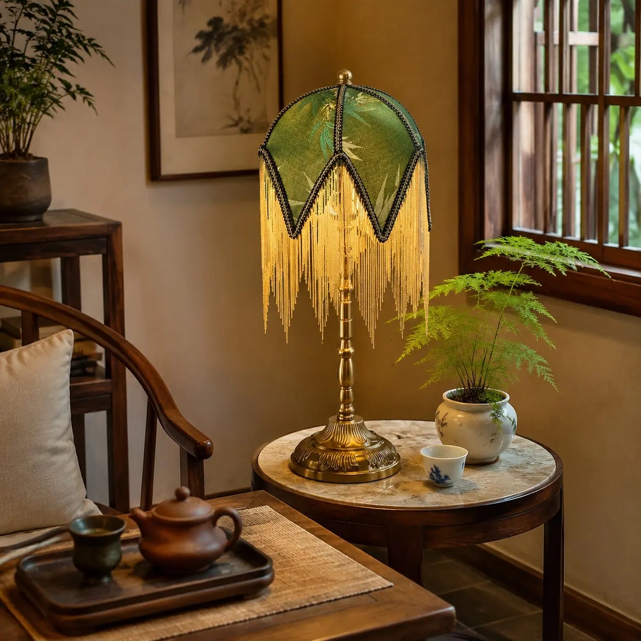 Vintage-Tischlampe mit grüner Quaste, stilvoll in einem gemütlichen Teeraum