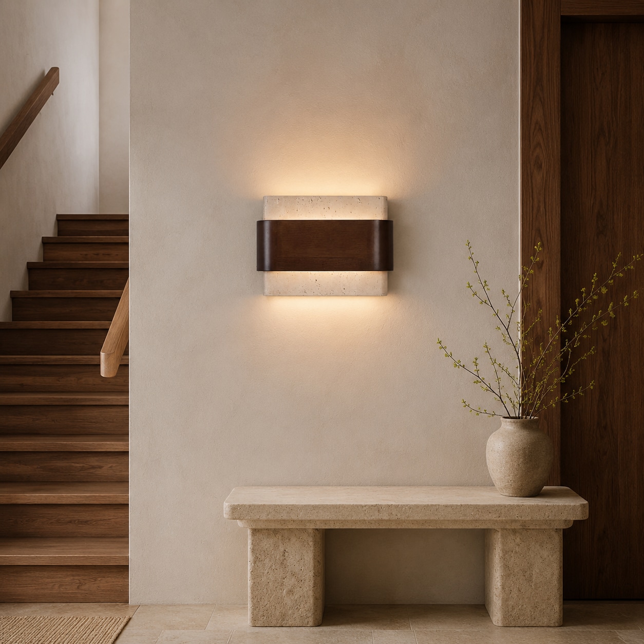 Wandlamp van travertinhout bij de trap en de consoletafel.