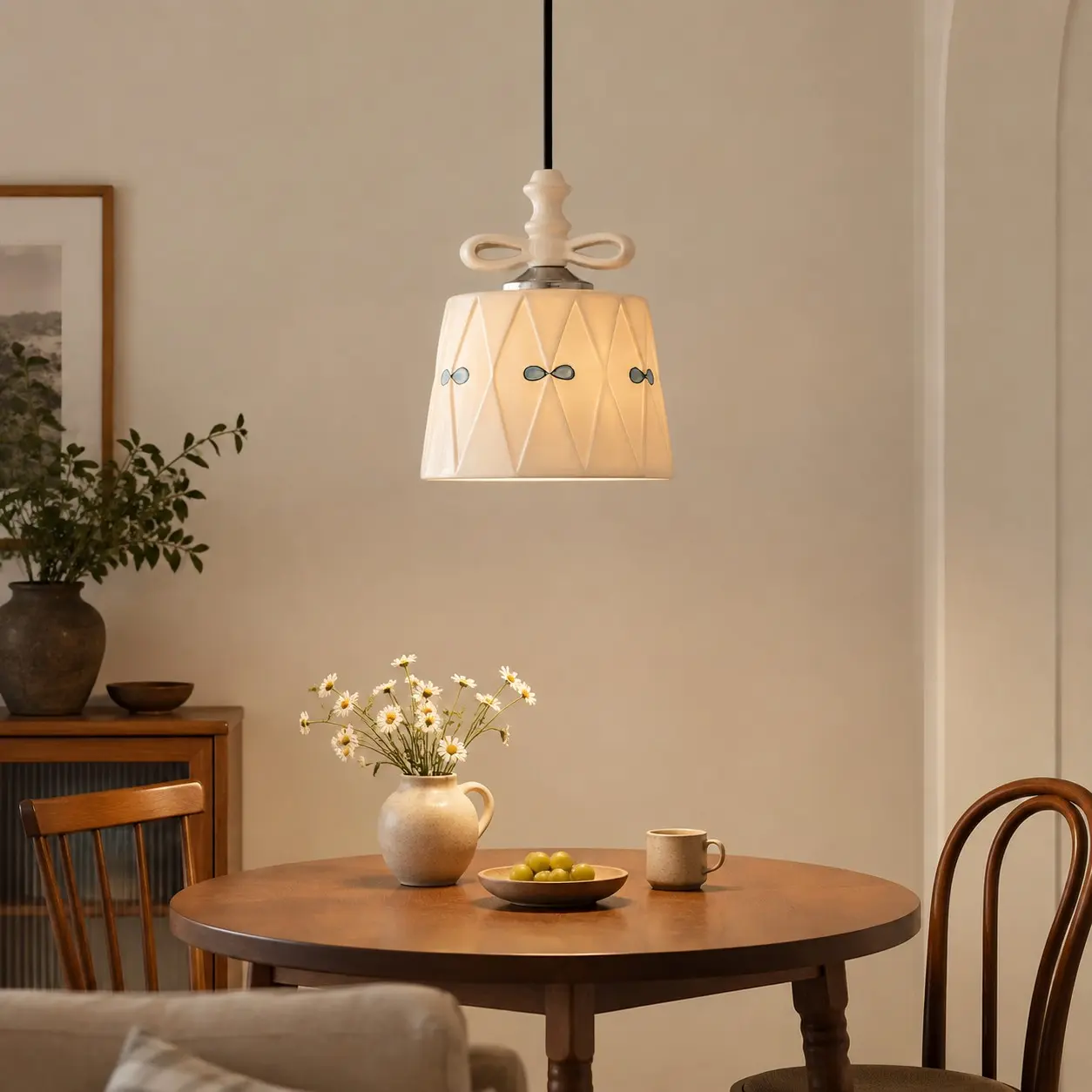 Luminária pendente de cerâmica pintada à mão em uma sala de jantar aconchegante.
