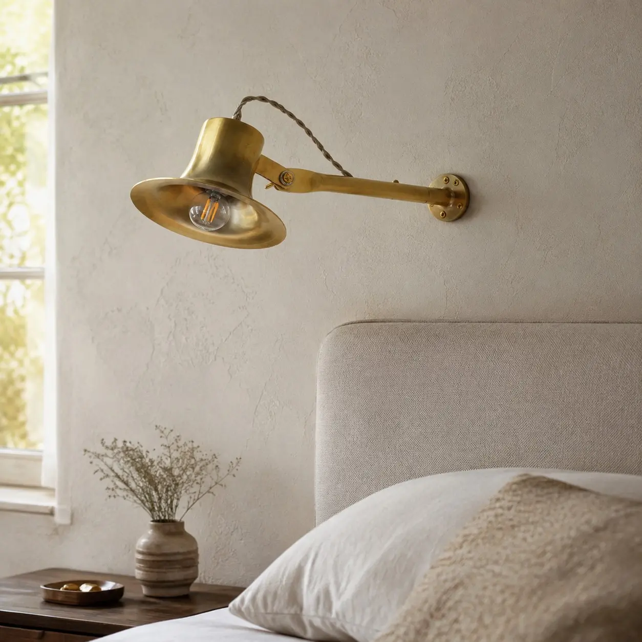 Matte messing wandlamp naast een bed