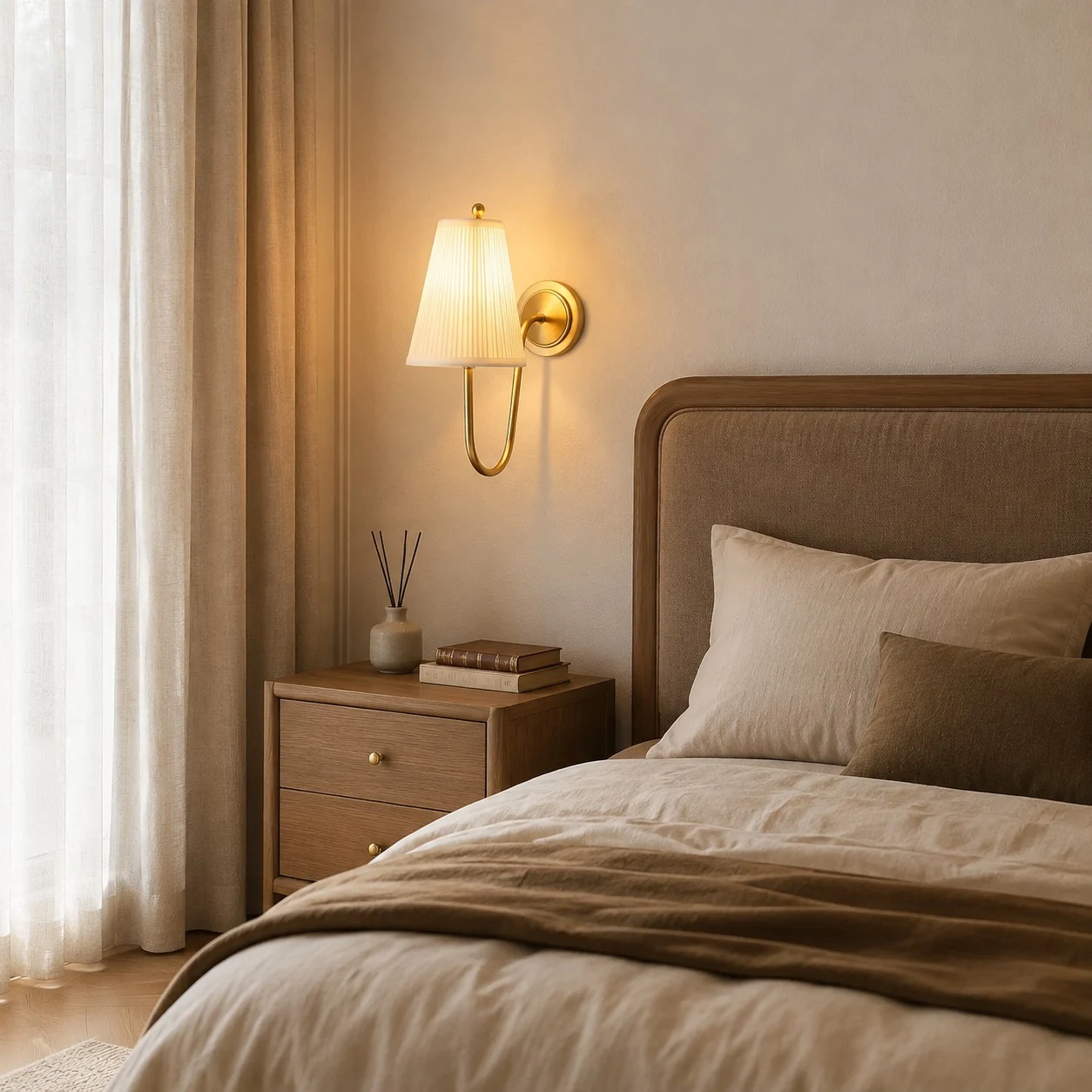 Franse messing wandlamp met stoffen bekleding, geïnstalleerd naast een bed.