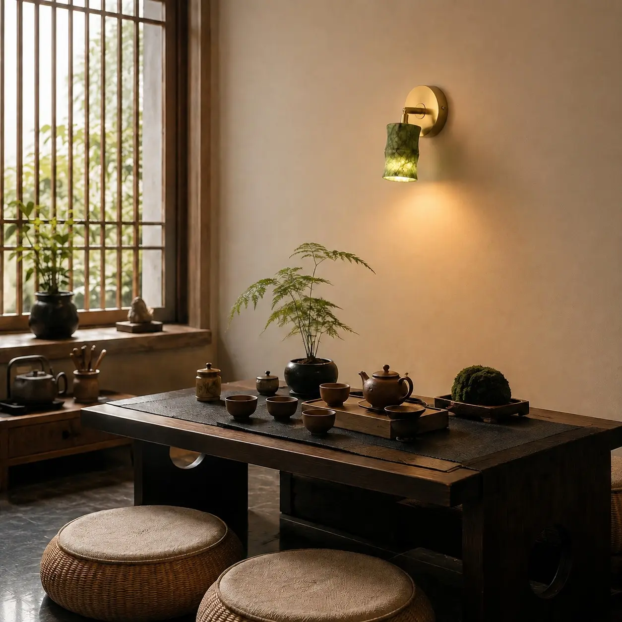 Groene jade wandlamp die een warme eetruimte verlicht.