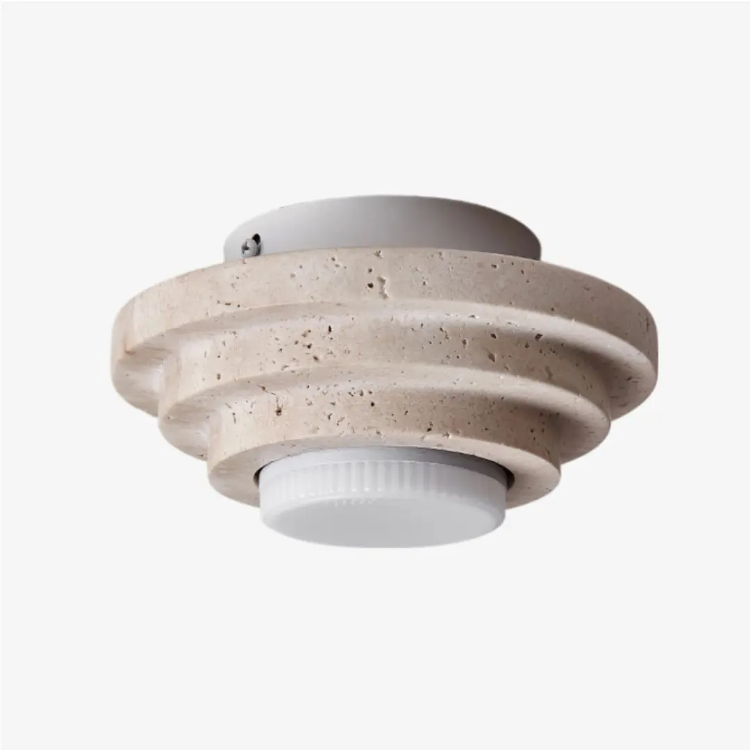 Beige travertin plafondlamp met vlakke montage op een strakke achtergrond