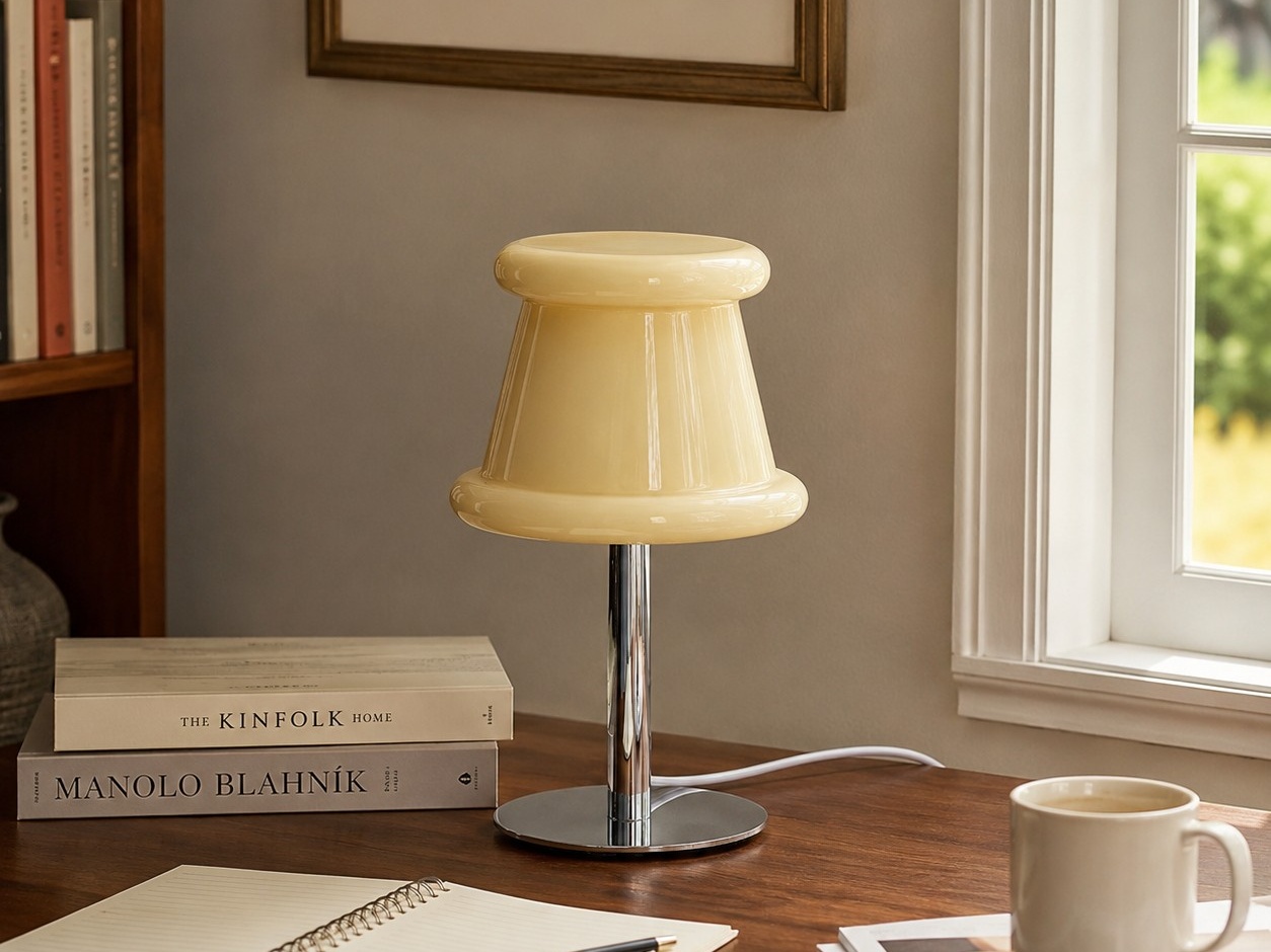 Eine cremefarbene Tischlampe steht auf einem Holzschreibtisch neben Büchern und einem Fenster.