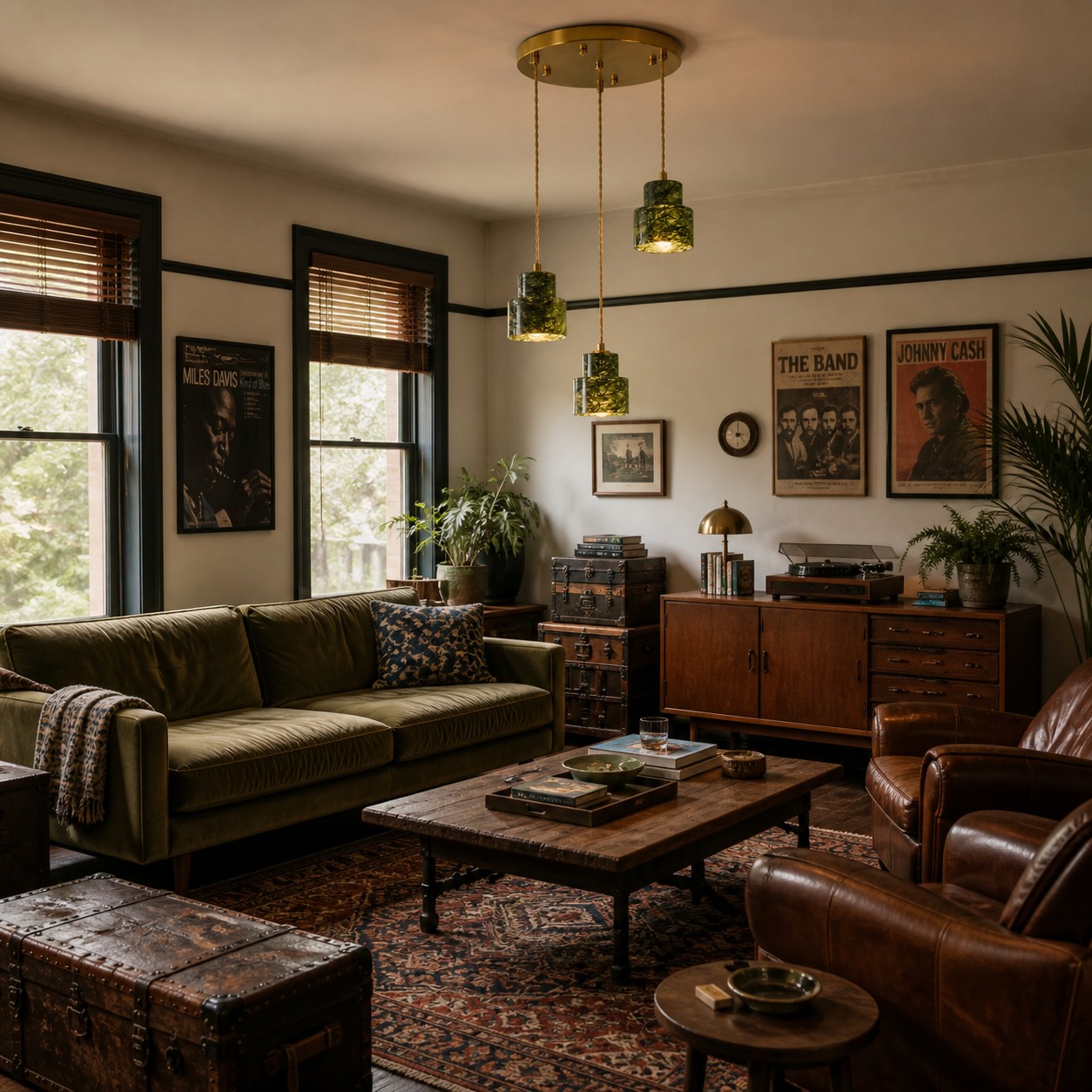 Lámpara colgante lineal de 3 luces de jade verde en un ambiente de habitación.