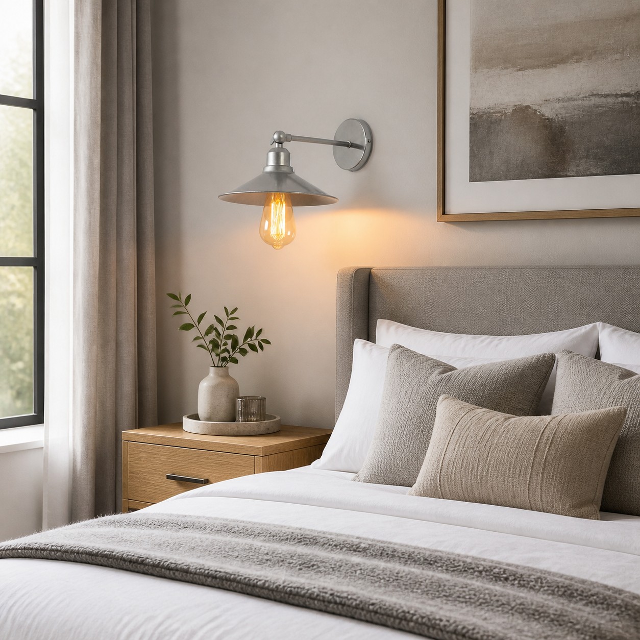 Aplique de pared industrial con cúpula galvanizada en un entorno de habitación.