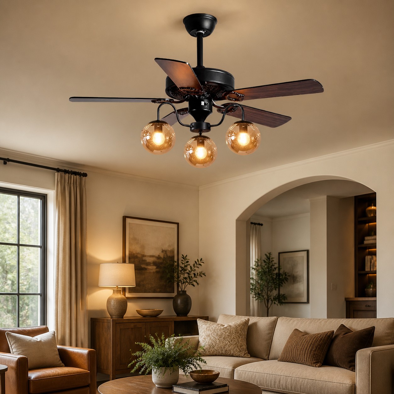 Rustic Wood Ceiling Fan with Light in a room setting