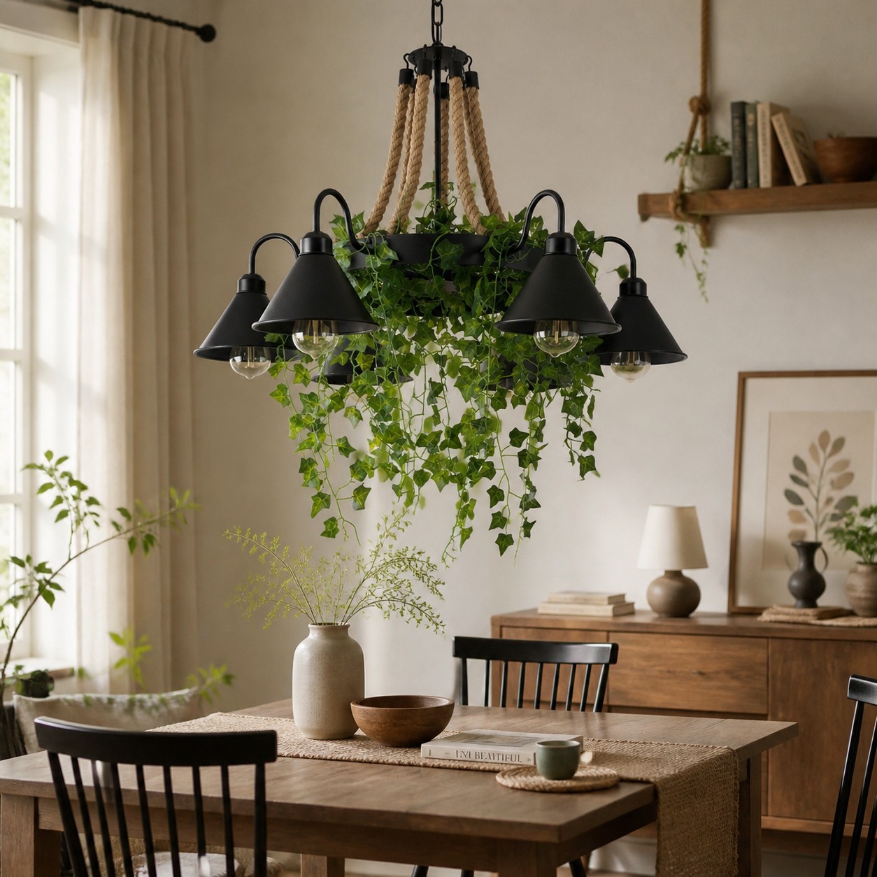Lámpara de araña con forma de rueda de carreta, hecha de cuerda y vegetación, en un ambiente de habitación.