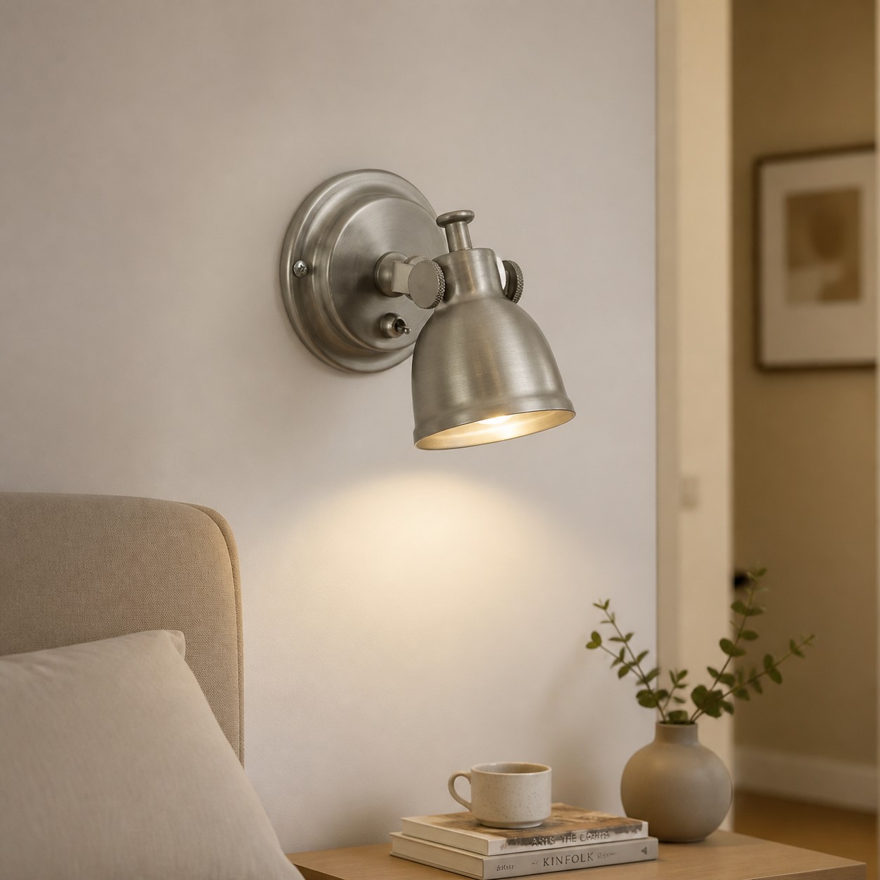 Applique da lettura regolabile in nichel spazzolato per un ambiente interno.