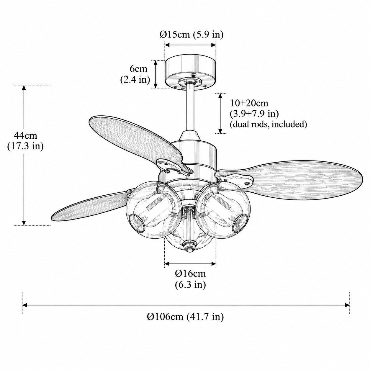 41,7 pol. (106 cm) / 3 lâminas