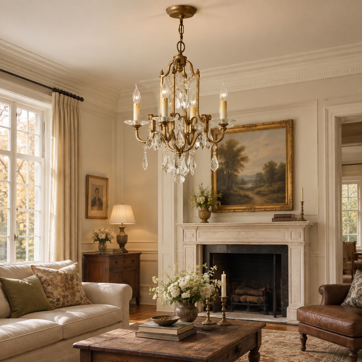 Lustre mini de cristal com 4 luzes em bronze antigo em um ambiente decorado.