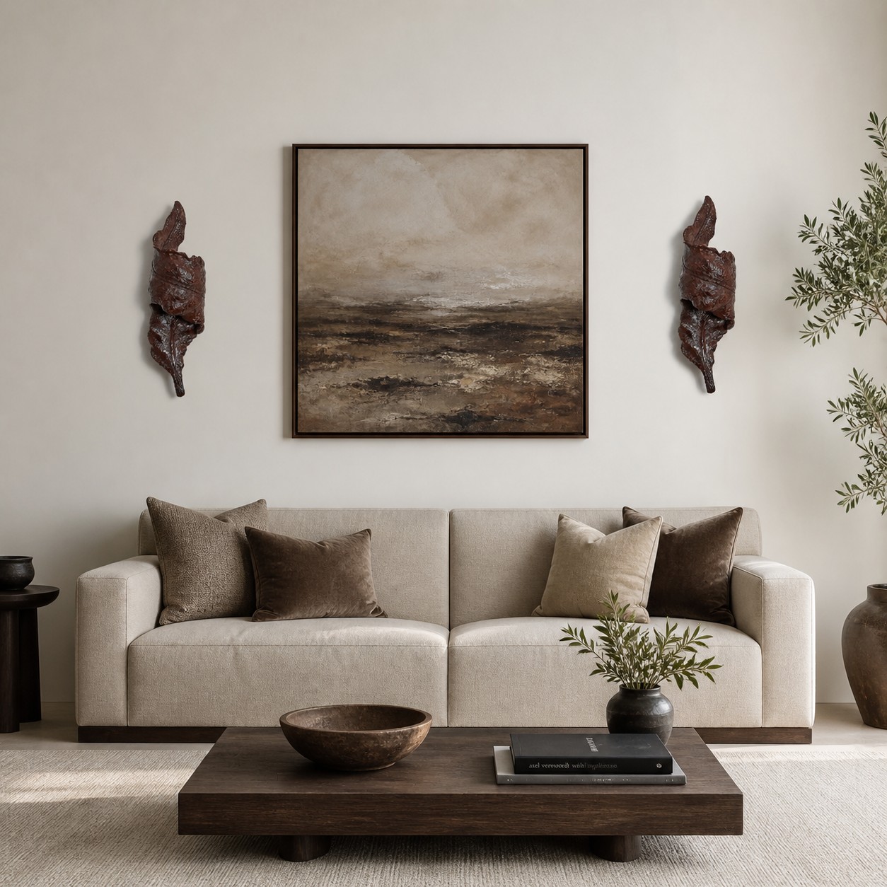 Aplique de pared escultórico de resina con forma de disco estilo Wabi-Sabi en un ambiente de habitación.