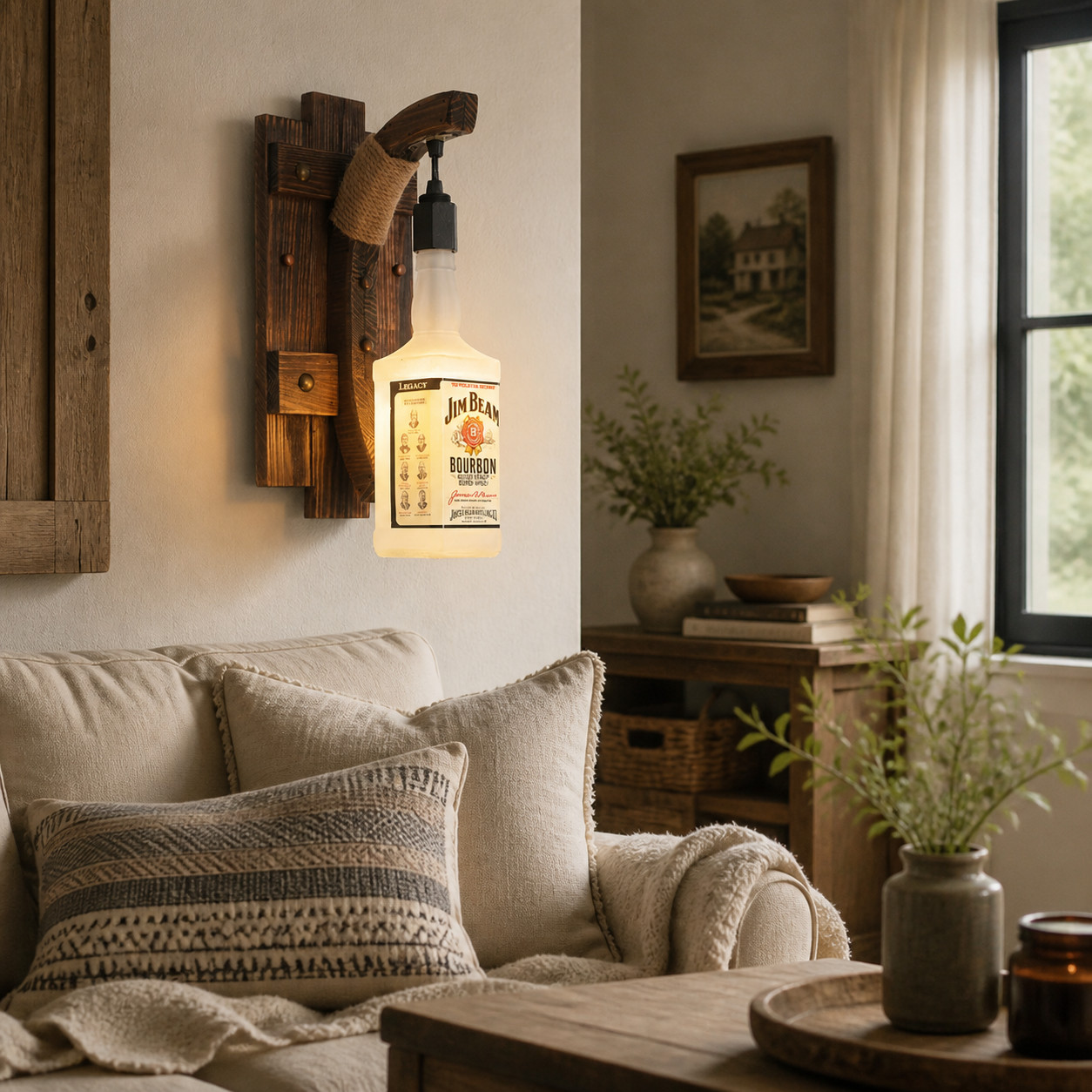 Aplique de pared rústico de madera y cuerda hecho con botellas en un ambiente de habitación.