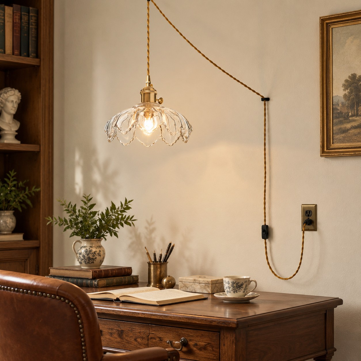 Clear flower glass pendant over a classic reading desk