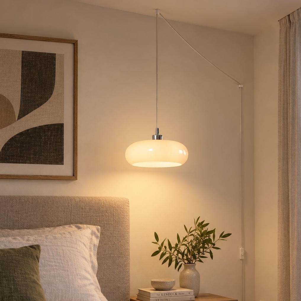 Weißer Potivus-Anhänger neben einem Bett