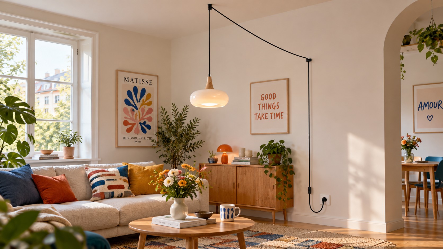 Glass wood plug-in pendant with cord routed to a wall outlet