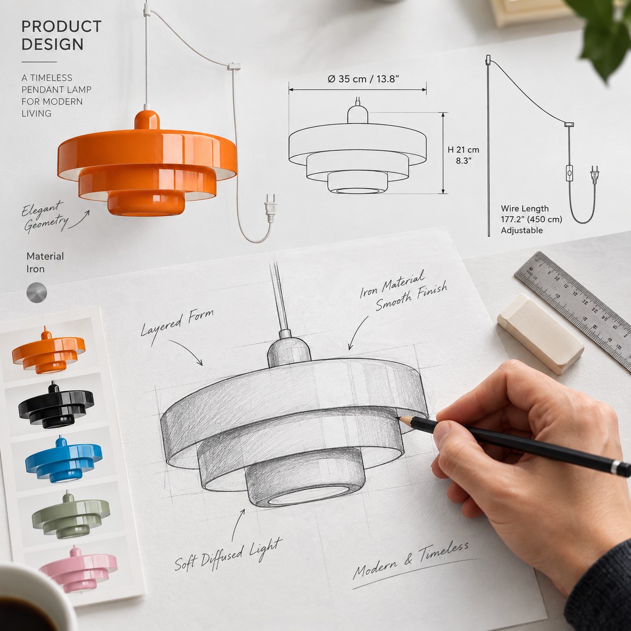 Orange layered pendant light product design sketch and material reference
