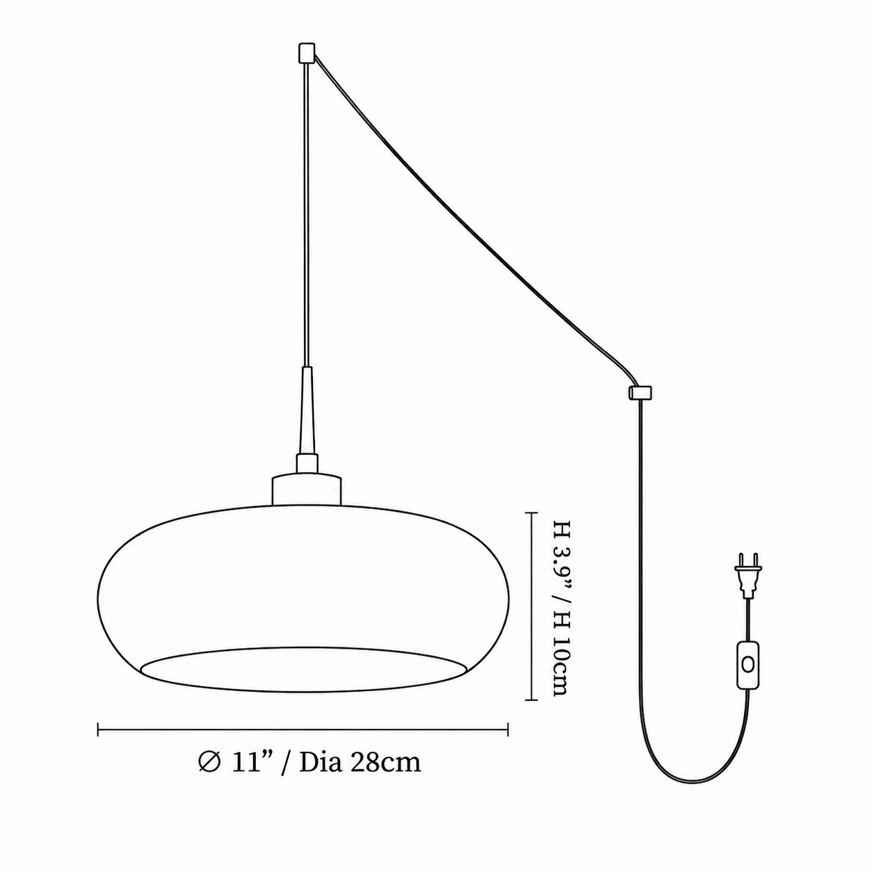Potivus Maßzeichnung: Durchmesser 28 cm und Gehäusehöhe 10 cm, mit Netzkabel und Schalter