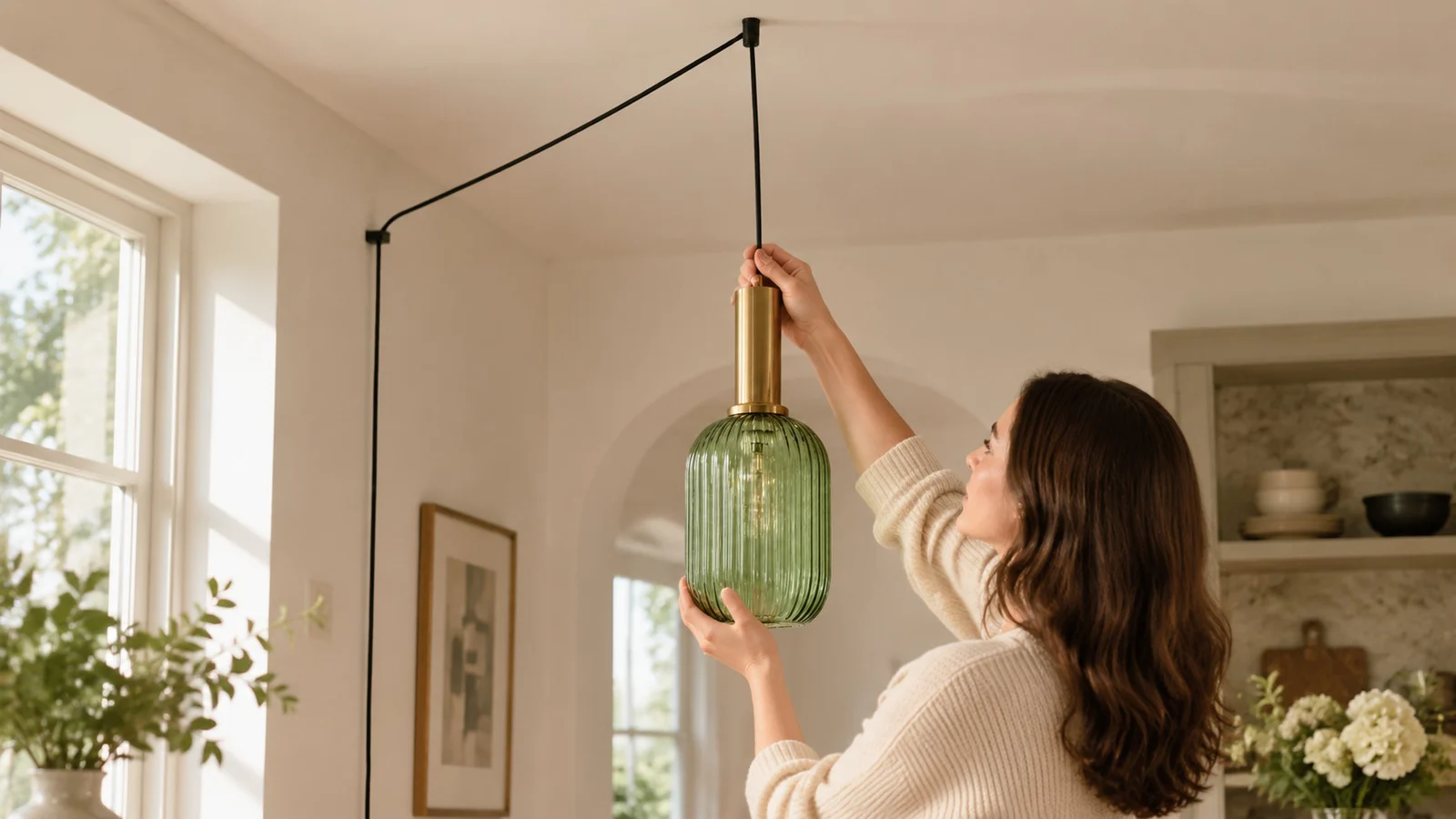 Simple placement of a ribbed glass plug-in pendant light