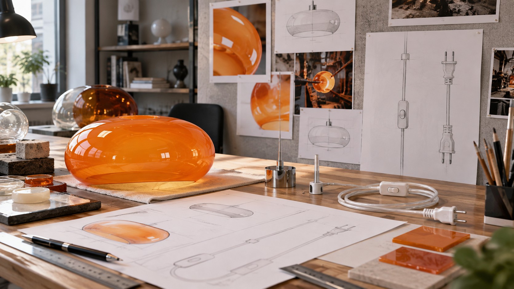 Designinspiration mit abgerundeten Potivus-Schattierungen, Skizzen und einer warmen Farbpalette