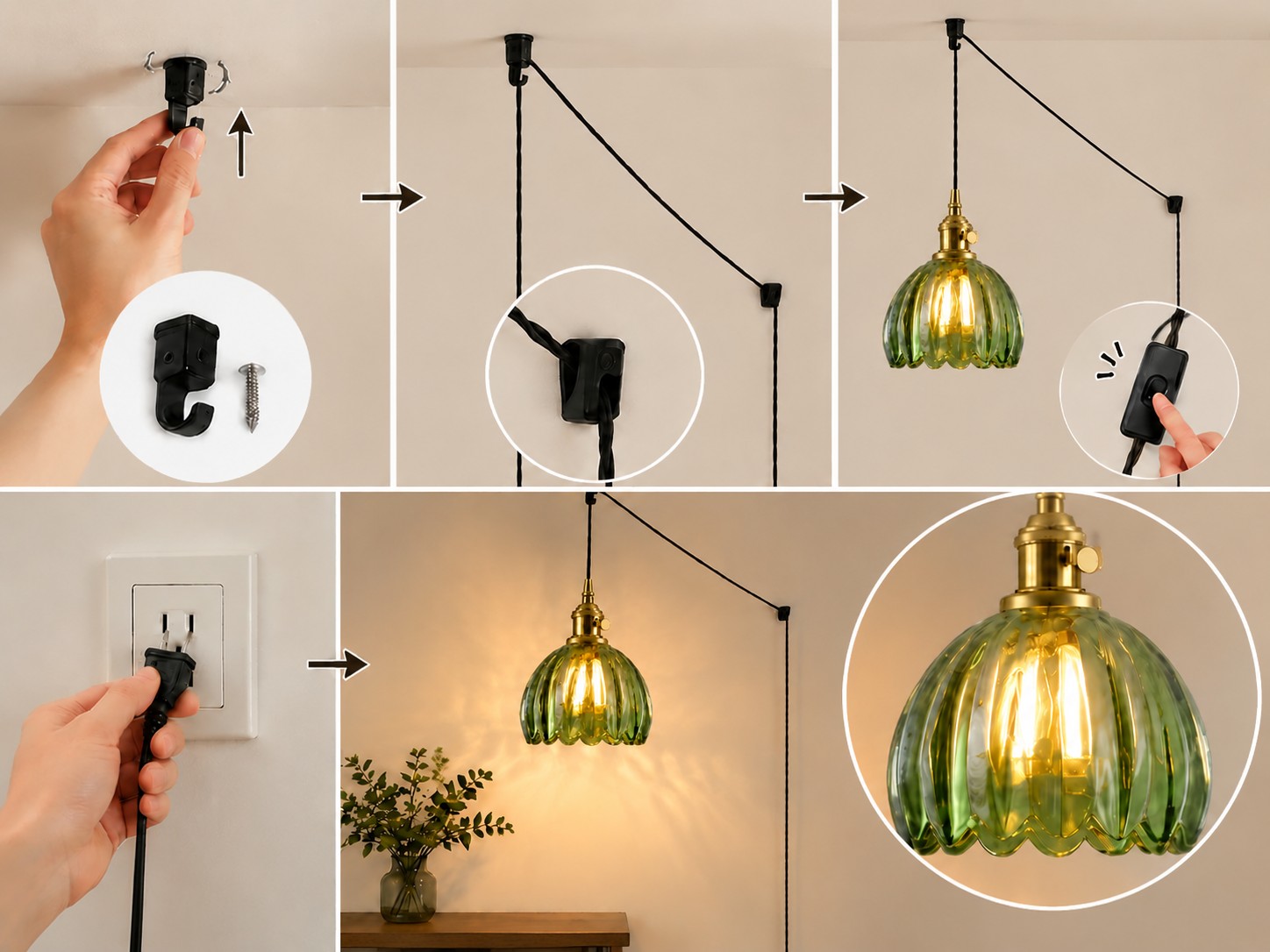 Installatieoverzicht voor de groene glazen hanglamp met bloem, met ophangbeugels, kapbevestiging, inline-schakelaar en stekkeraansluiting