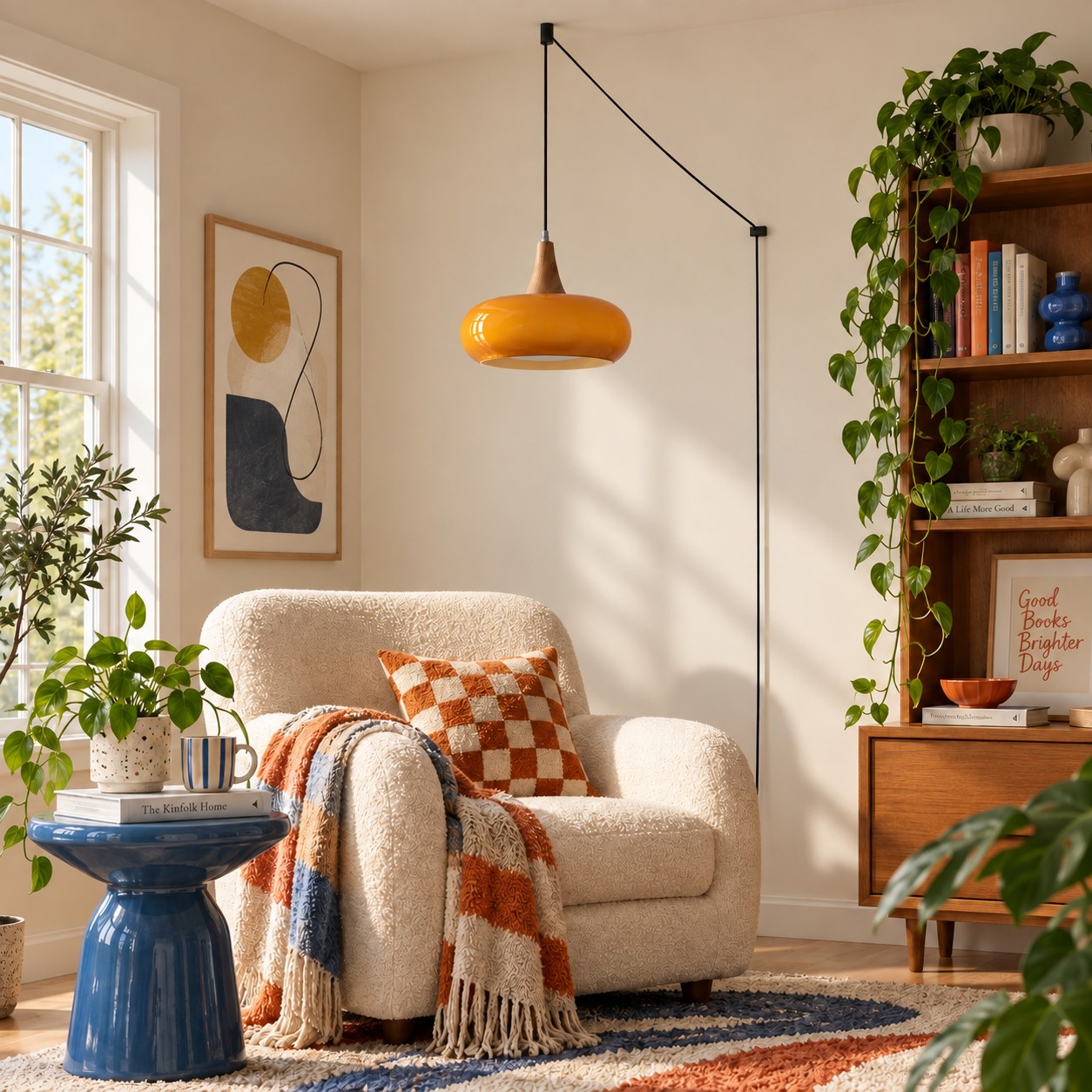 Orange glass wood pendant over a reading chair