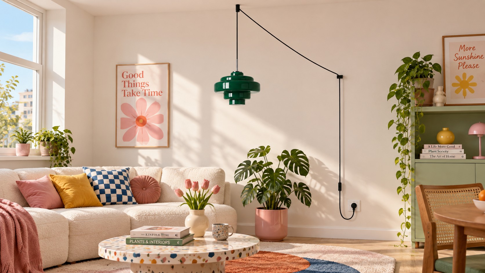 Koloro Millie plug-in pendant with cord routed to a wall outlet