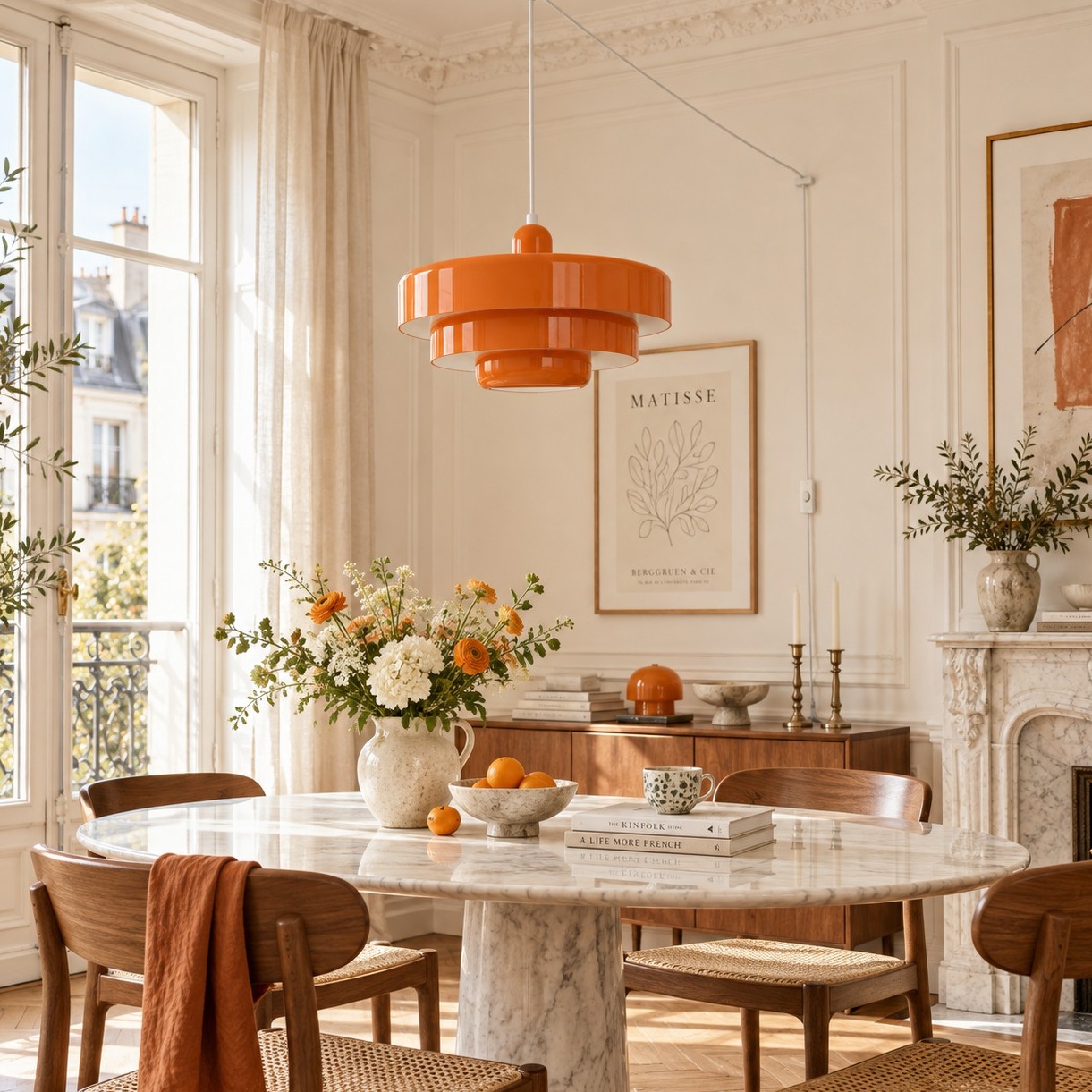 Orange pendant light switched off in a bright dining room