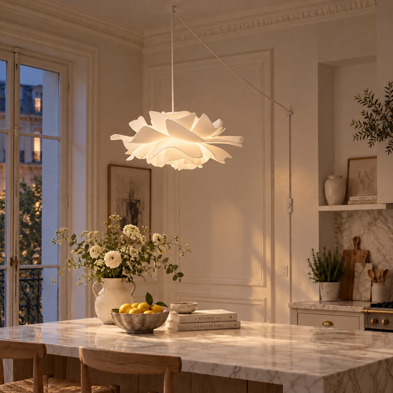Floral acrylic pendant light switched on with warm glow