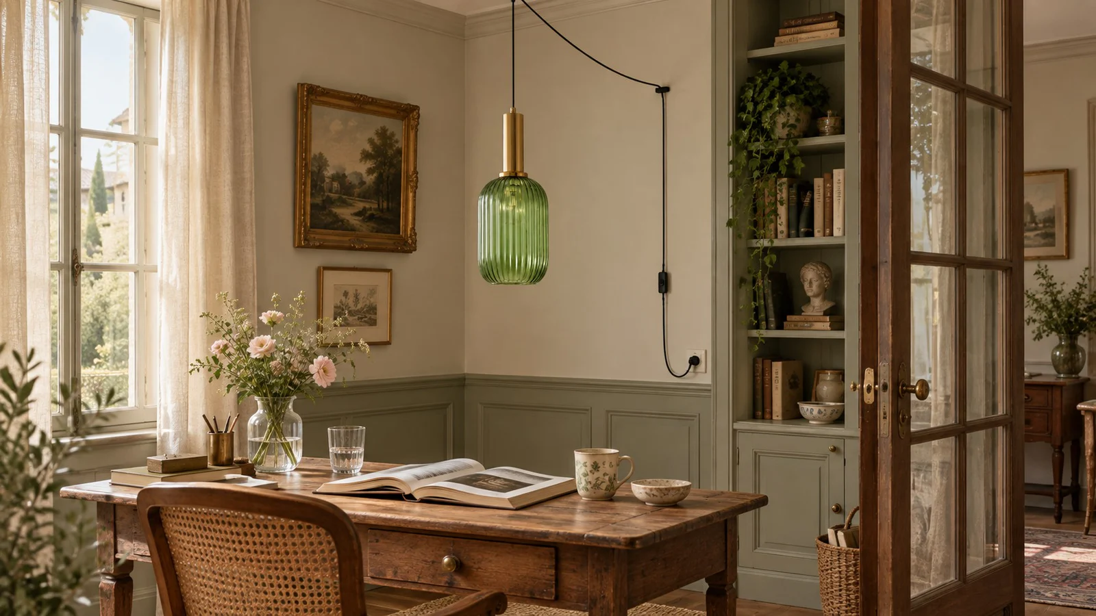 Green ribbed glass plug-in pendant light switched off