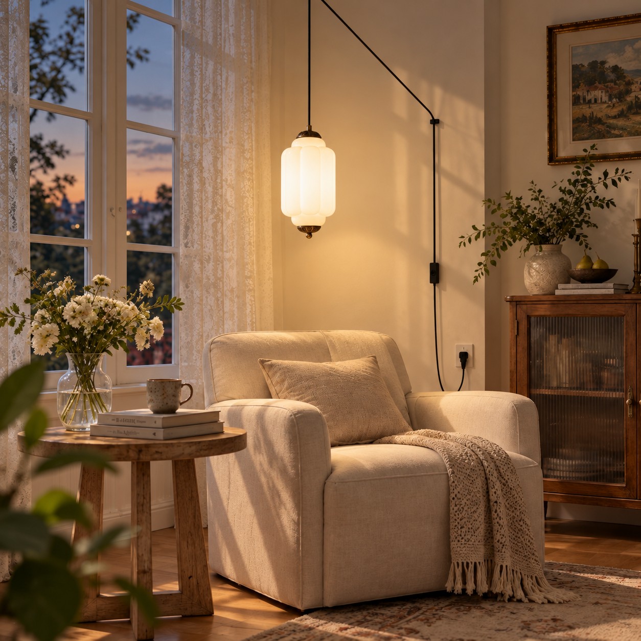 Glass pendant illuminated in the same room