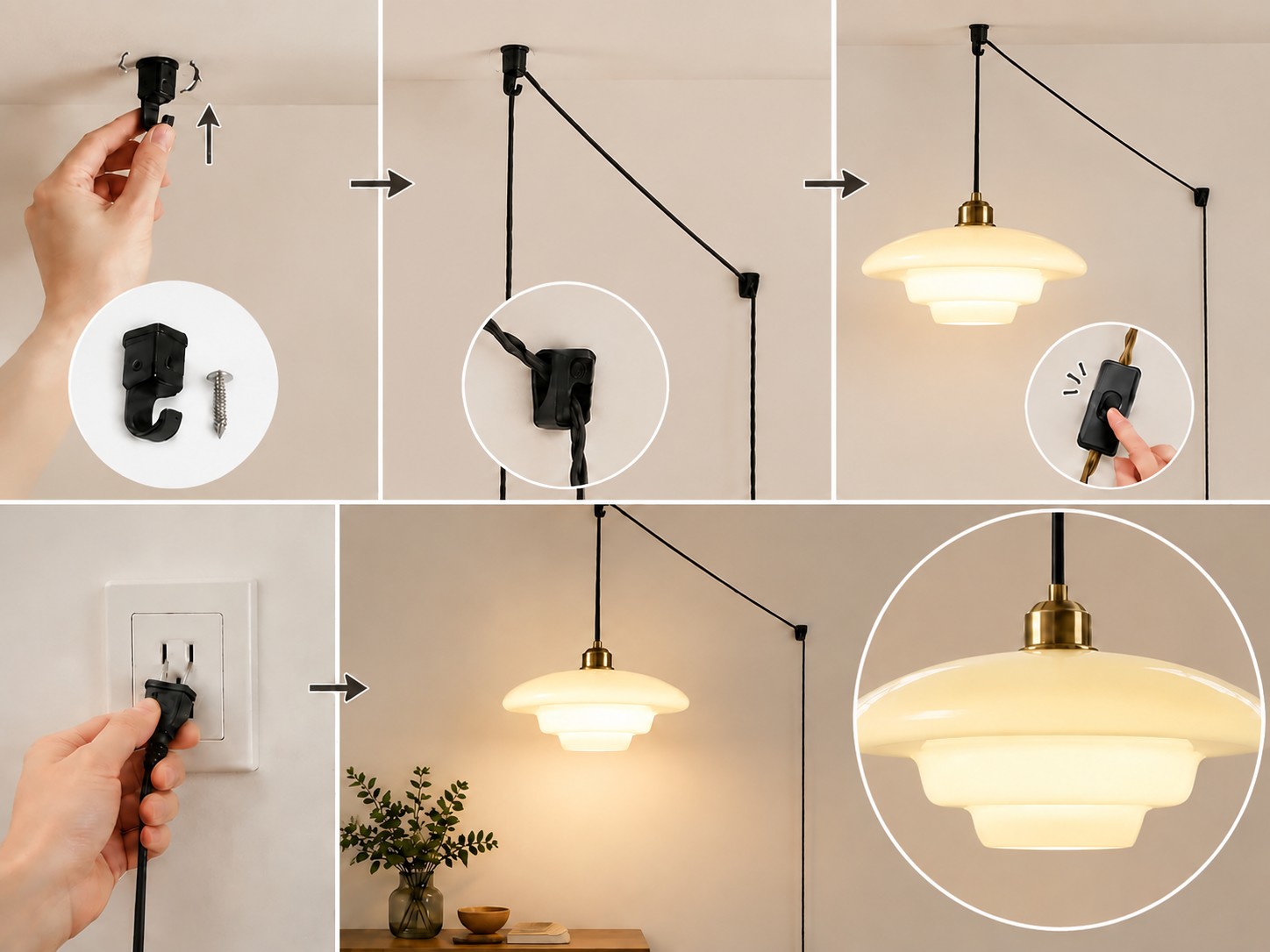 Installatieoverzicht van de hanglamp met ophanghaken, lampenkap, stekker en schakelaar.