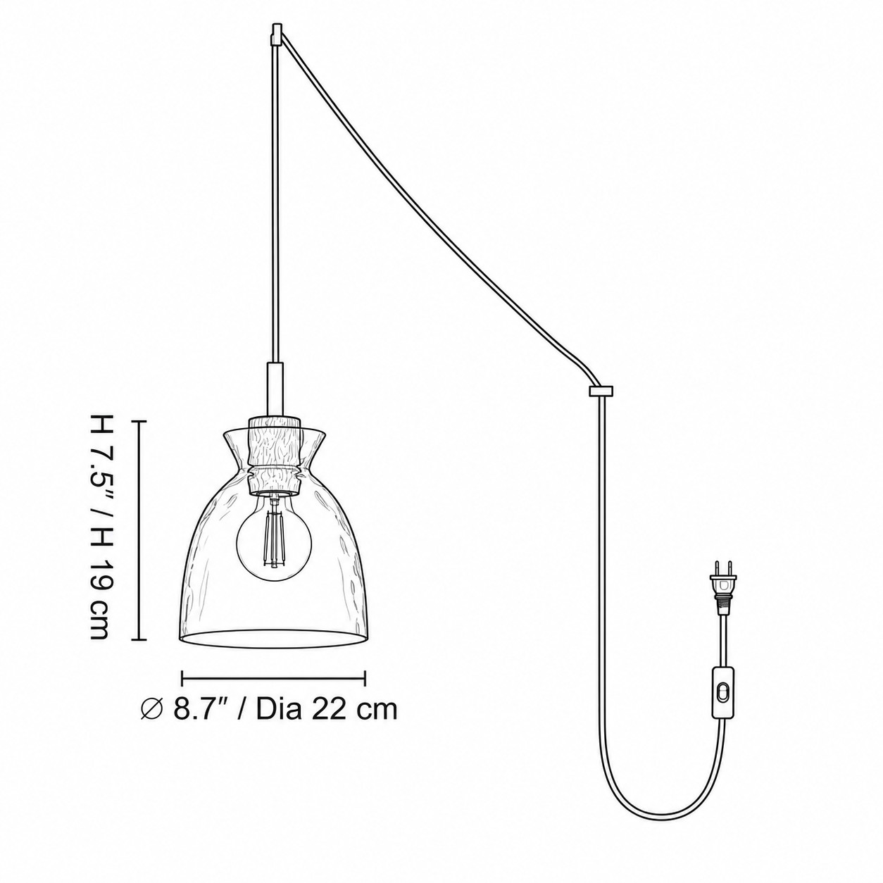Style A dimension diagram: &empty; 8.7&Prime; &times; H 7.5&Prime; / D22 cm &times; H 19 cm