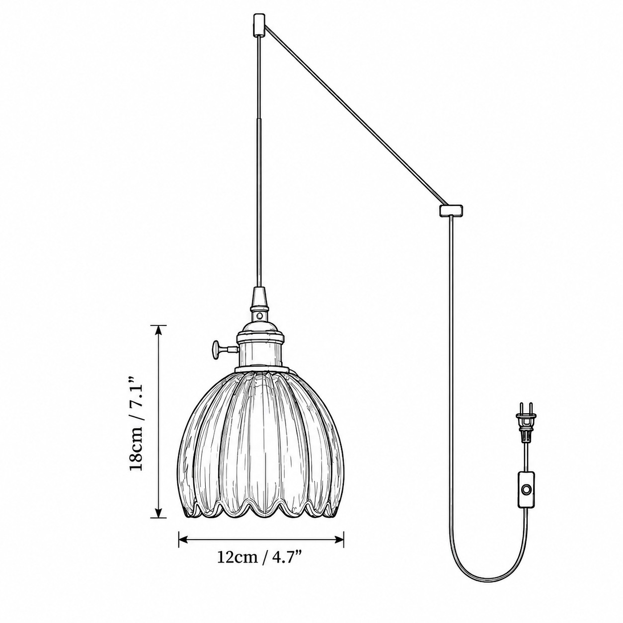 Afmetingen bloemglazen kap: diameter 12 cm / 4,7 inch en hoogte 18 cm / 7,1 inch; extern snoer met inline schakelaar en stekker