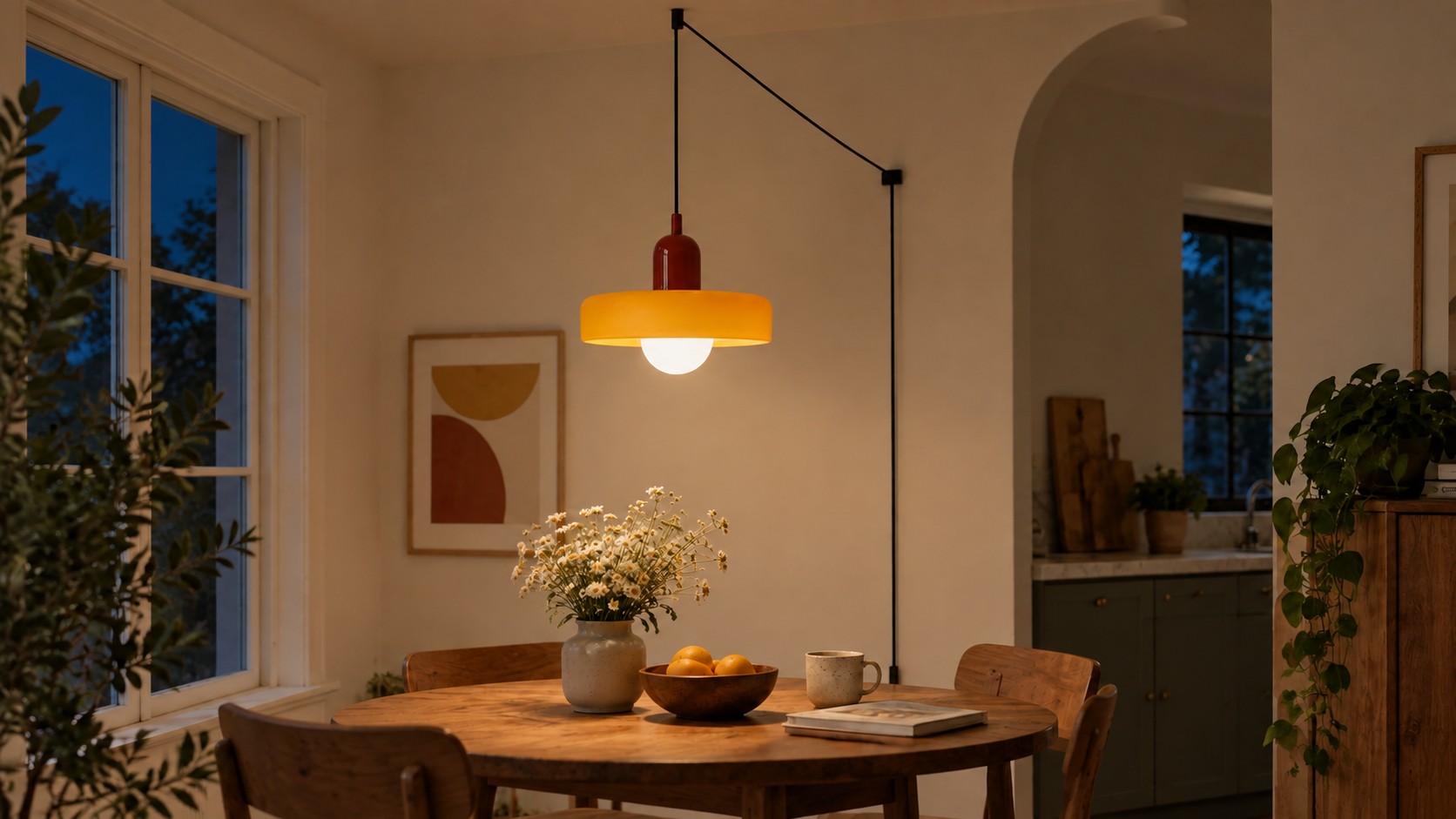 Colorful pendant illuminated above a dining table