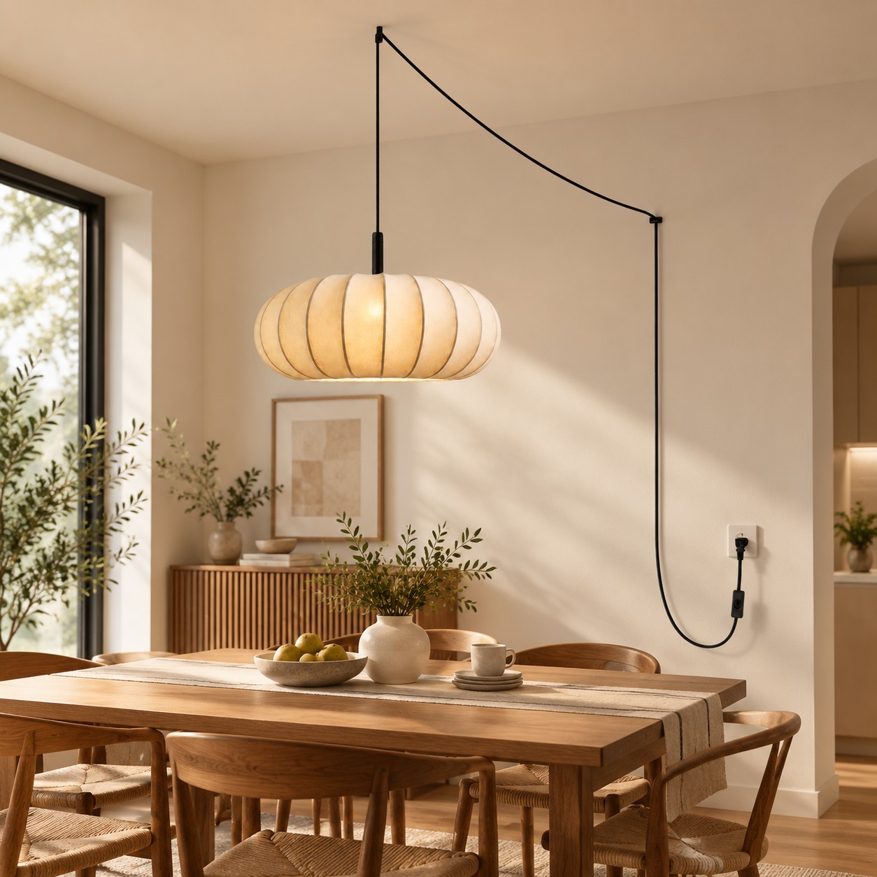 Lámpara colgante enchufable sobre una mesa de comedor de madera.