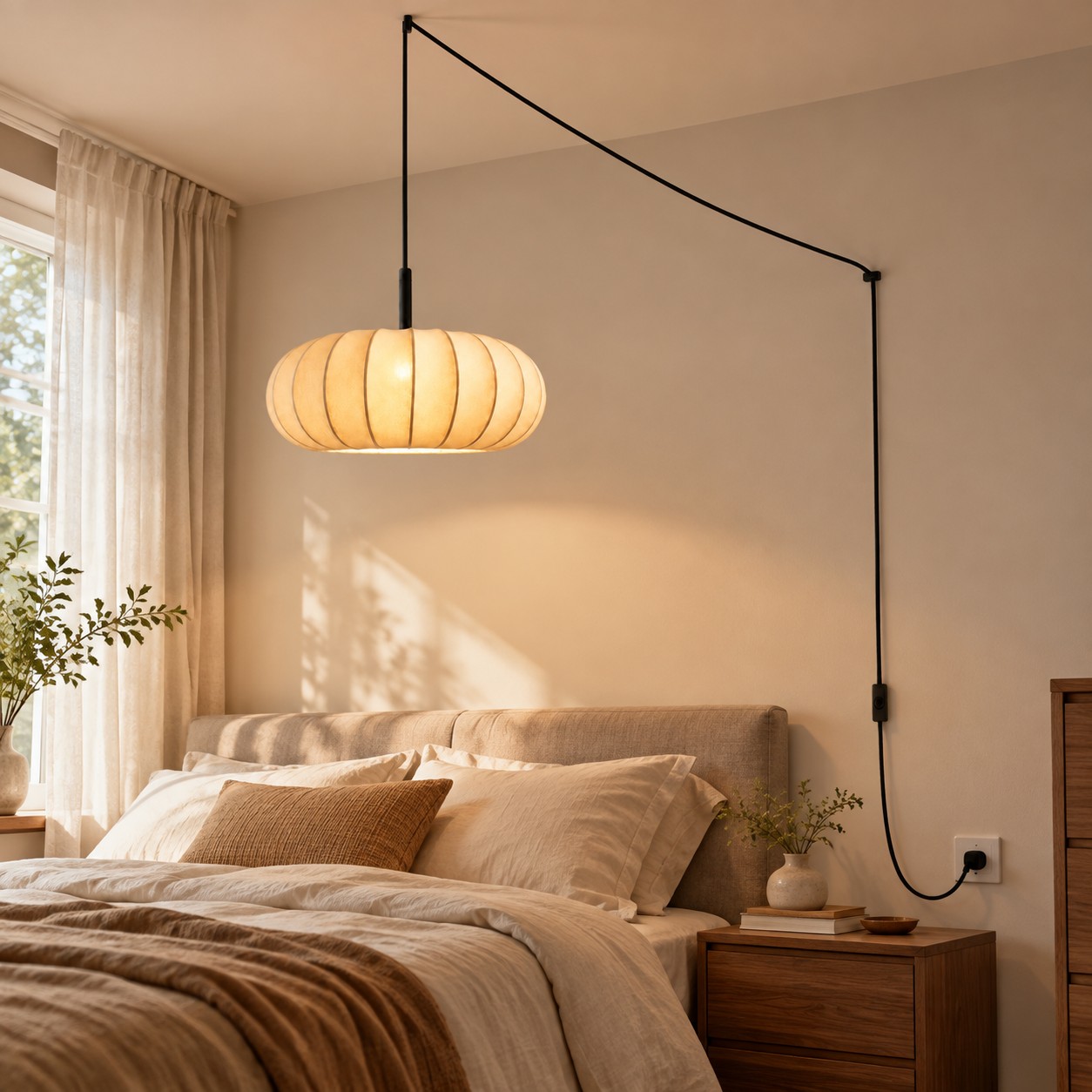 Lámpara colgante enchufable que crea una luz tenue junto a la cama.