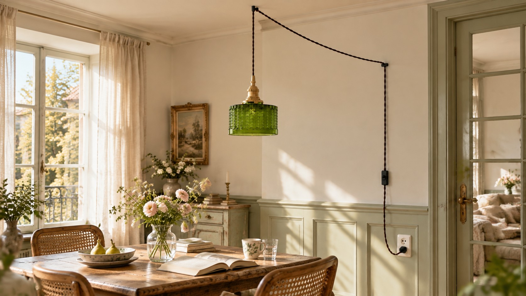 Lámpara colgante de cristal verde Cavella apagada en un salón luminoso