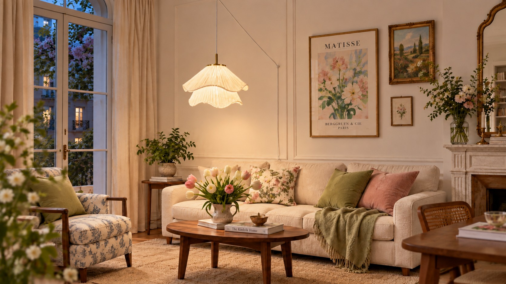Ethereal Bloom plug-in pendant glowing over a living room coffee table