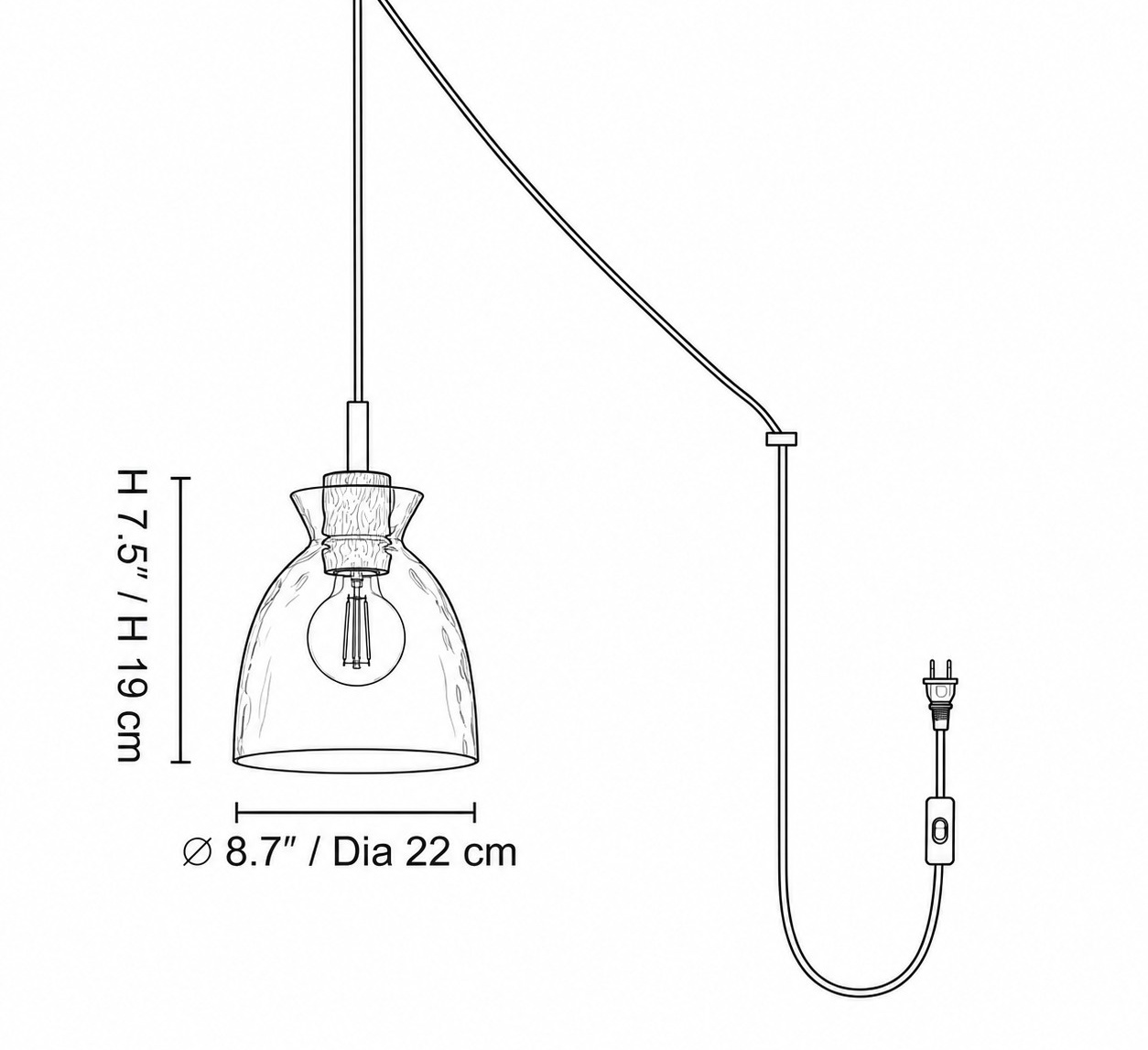 Style A dimension diagram: &empty; 8.7&Prime; &times; H 7.5&Prime; / D22 cm &times; H 19 cm